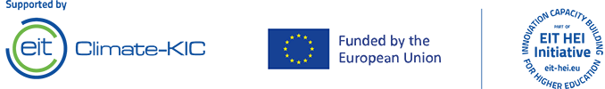 eit Climate-KIC logo, EU-logo tekstillä Funded by the European Union, sekä EIT HEI Initiative logo.