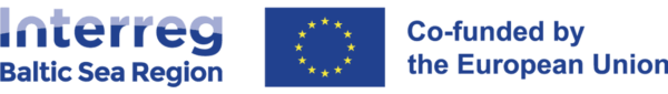 EU-logo, sekä tekstit Interreg, Baltic Sea Region ja Co-funded by the European Union